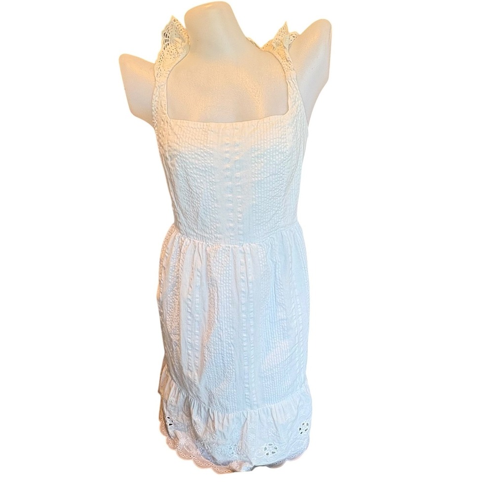 White Seersucker Eyelet Lace Strap Sundress Womens Medium Smocked Back Medium